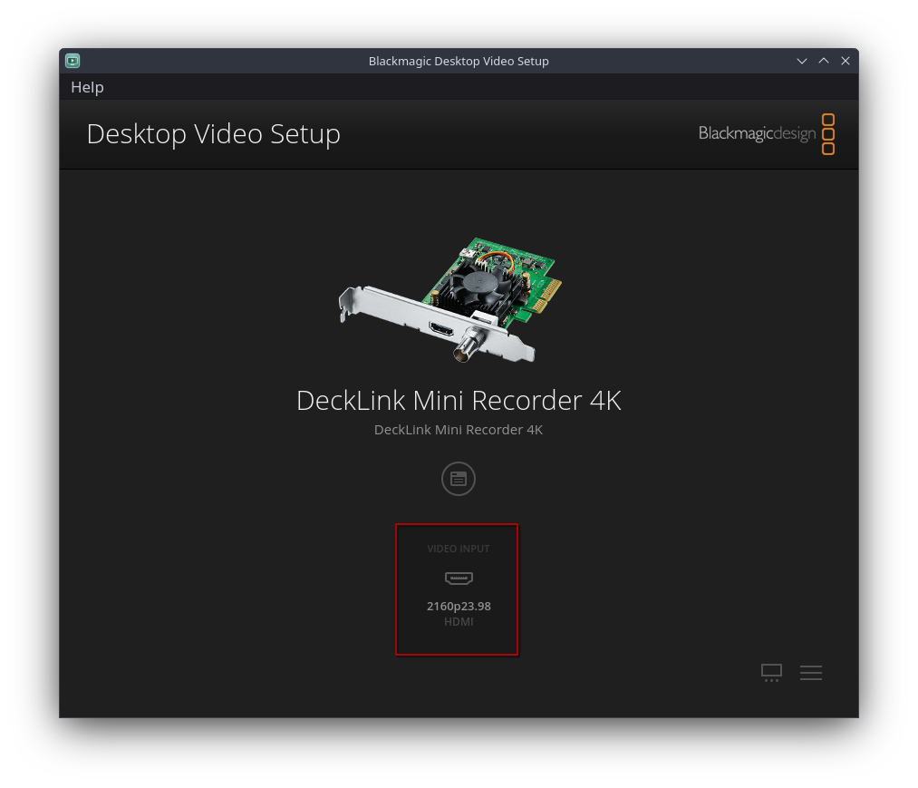 Blackmagic Desktop Video Setup showing DeckLink Mini Recorder 4K with HDMI input at 2160p23.98