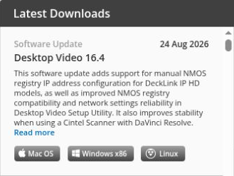 Desktop Video Software Update entry showing Mac OS, Windows x86, and Linux download buttons.