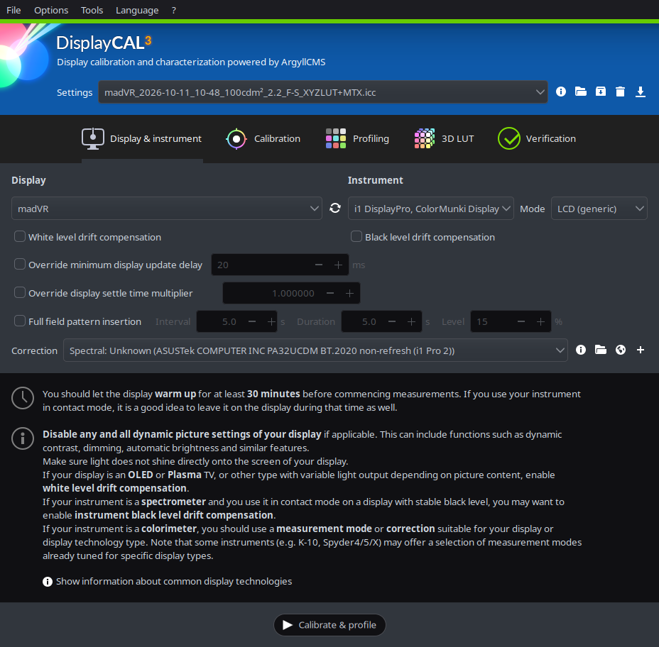 DisplayCAL display and instrument selection