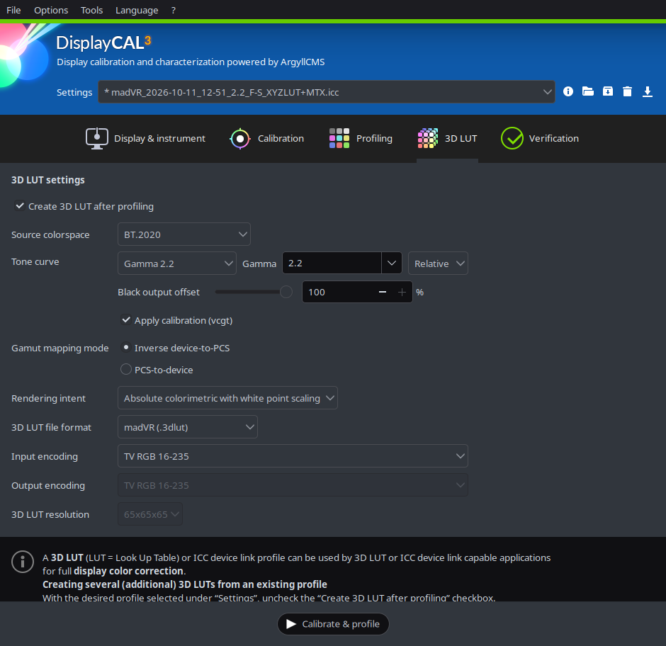 DisplayCAL 3D LUT settings