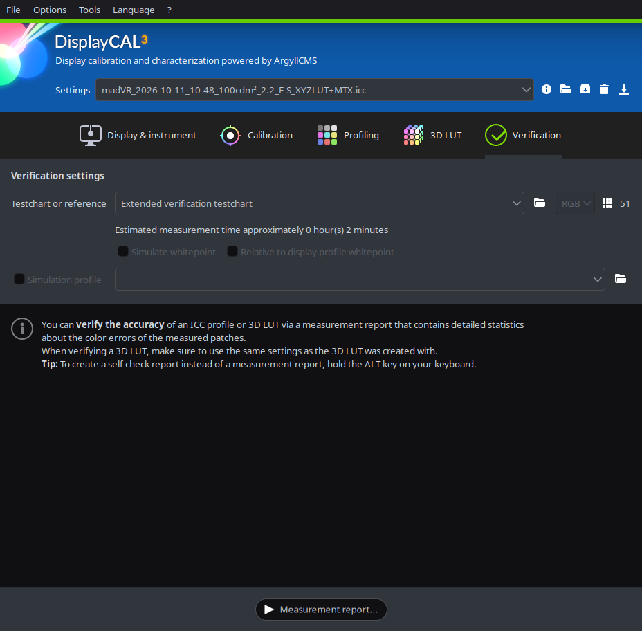 DisplayCAL verification report settings