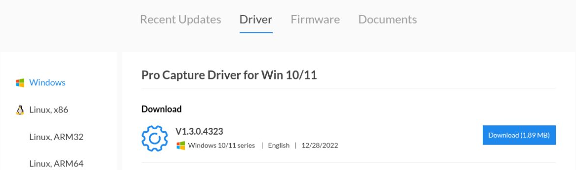 Pro Capture download page with Driver selected, Windows selected, and the Download button beside Pro Capture Driver for Win 10/11.