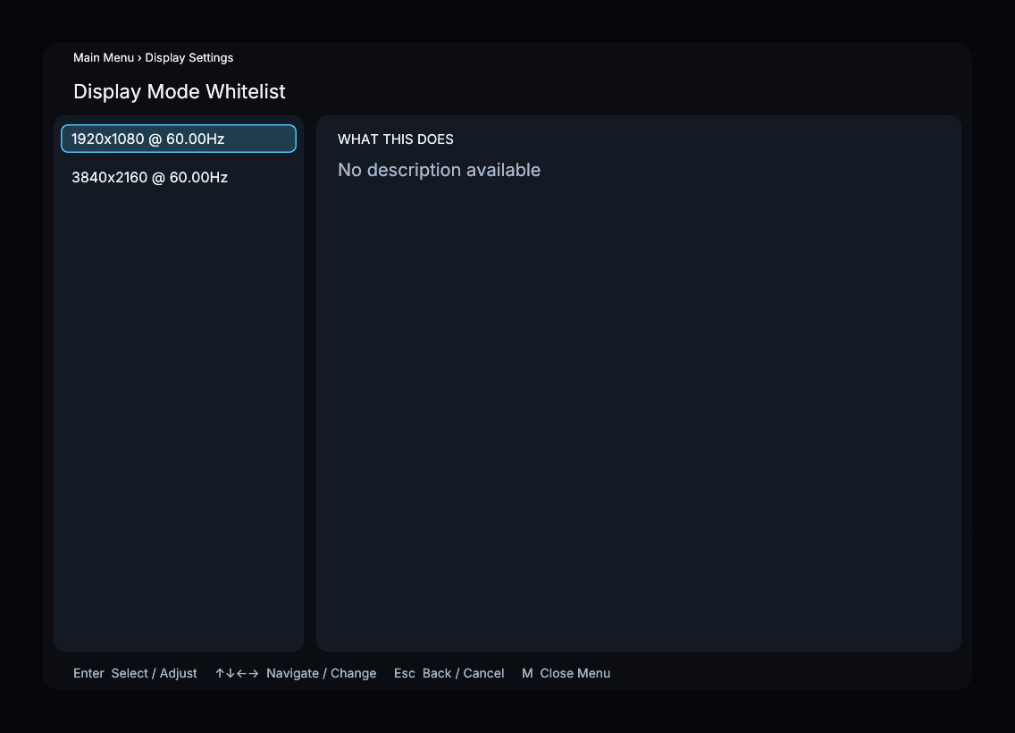 Display Mode Whitelist menu