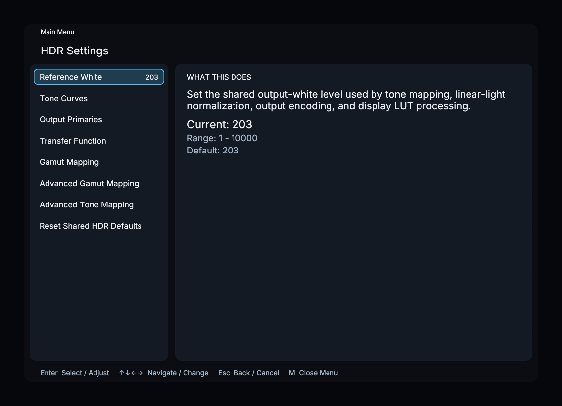 HDR Settings menu