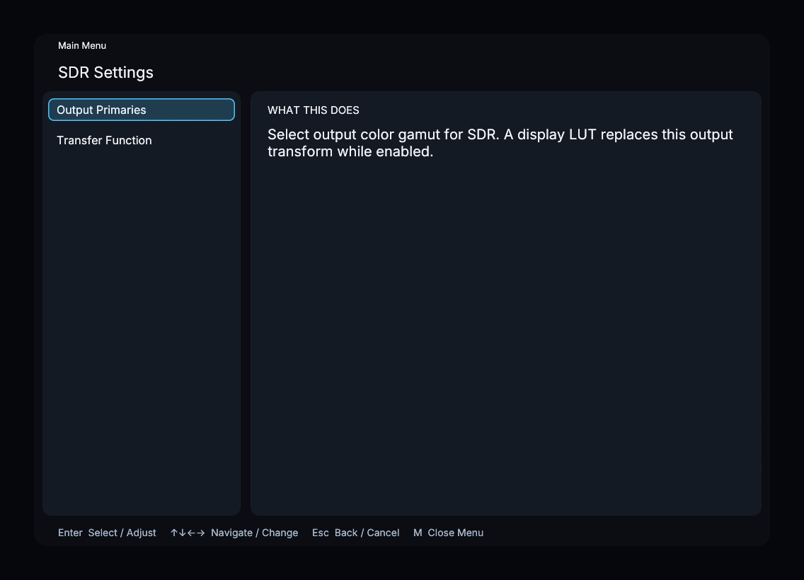 SDR Settings menu