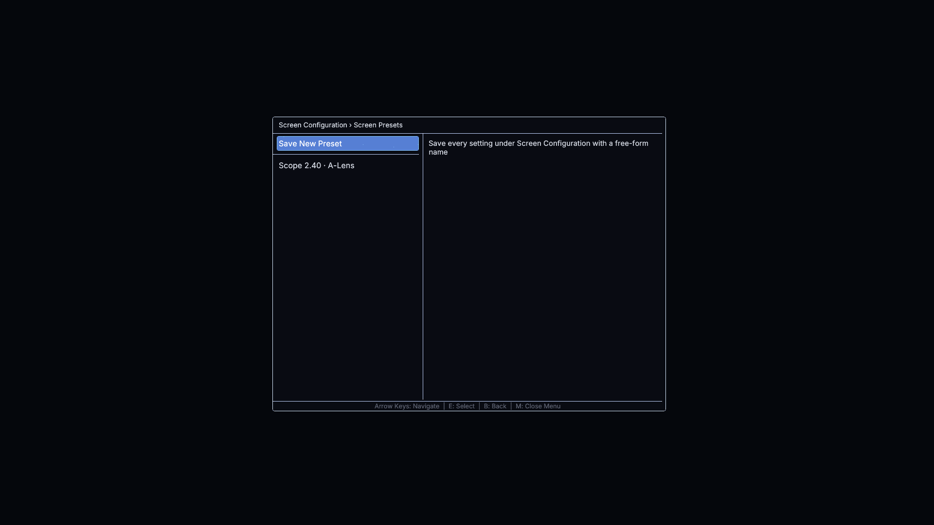 Saved screen presets