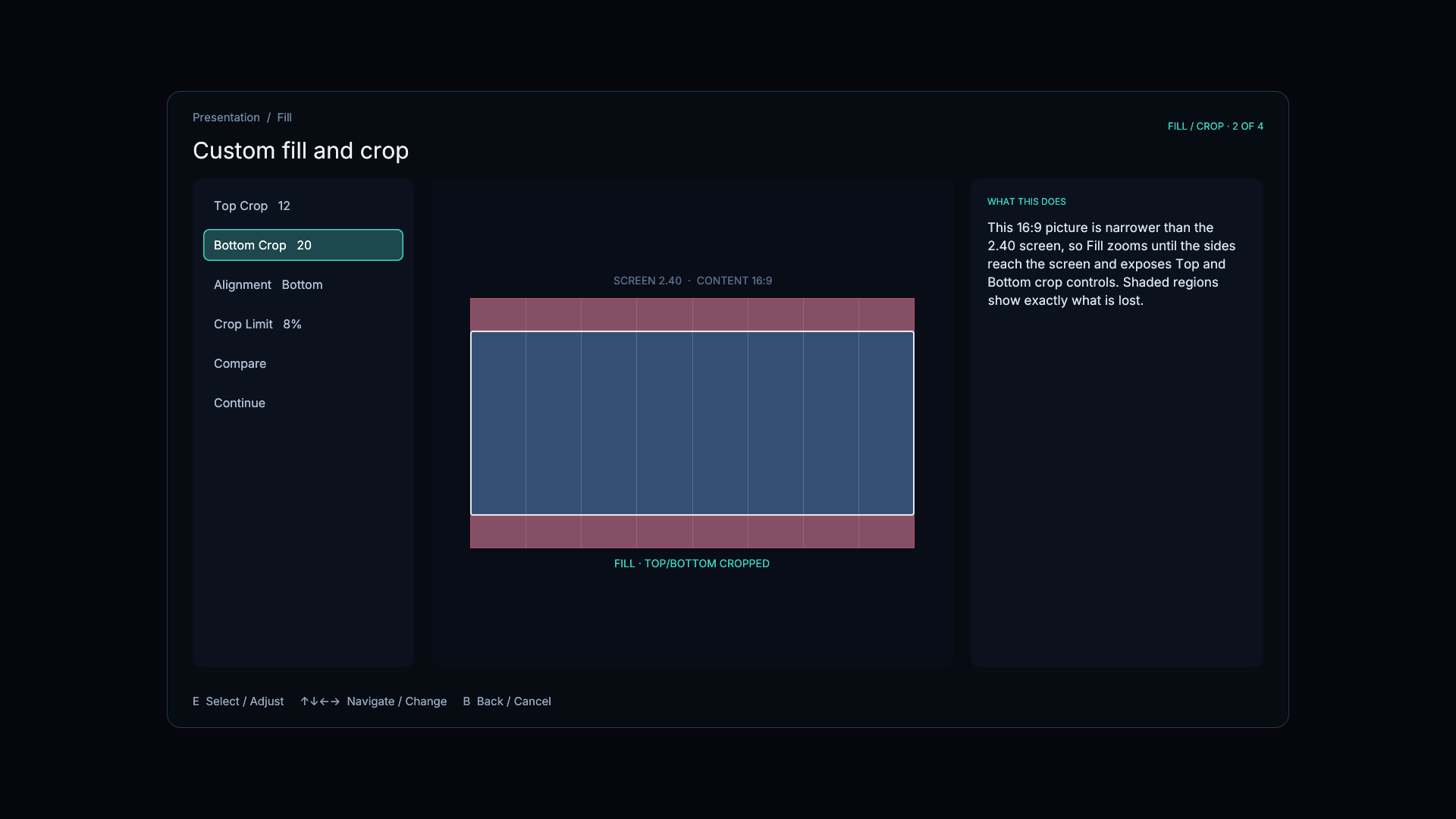 Zoom controls showing a 16:9 image filling a 2.40 screen with top and bottom crop