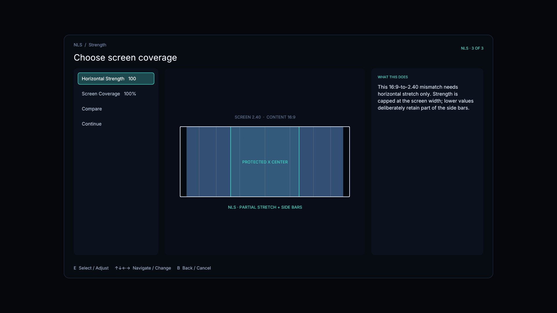 Horizontal NLS strength and screen-coverage controls with a live distortion guide