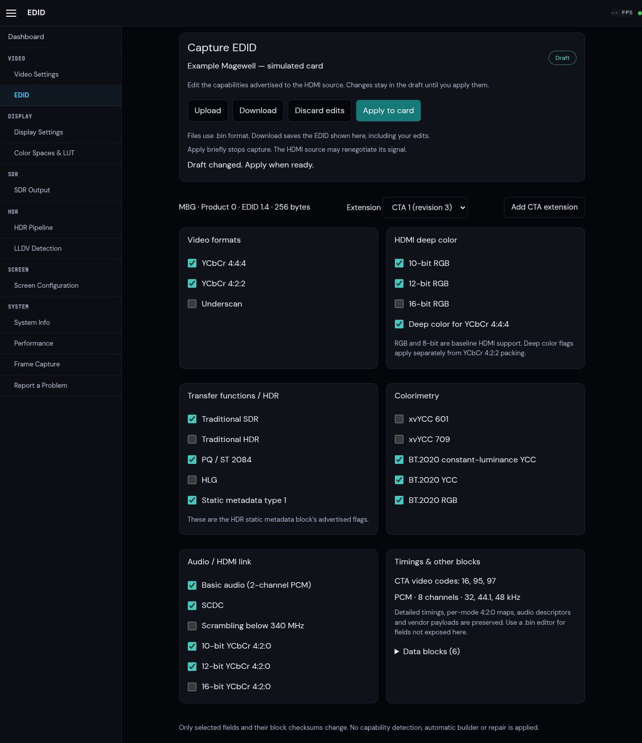 Void Video EDID editor with editable video, deep-color, HDR, colorimetry, audio and HDMI link controls, binary file buttons, and Apply to card.